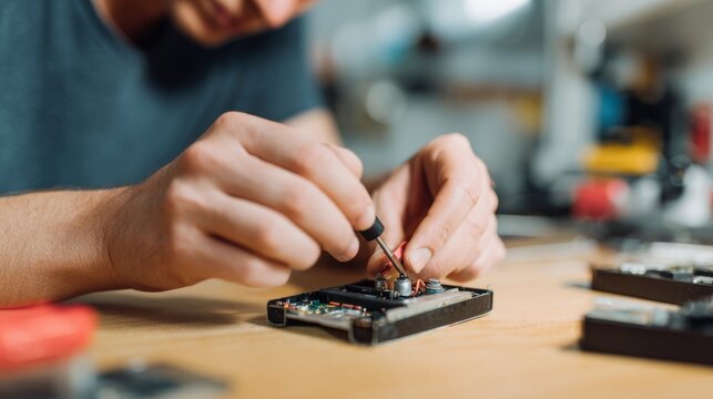 A young male technician skillfully repairs a circuit board with precision tools in a well-lit workshop.