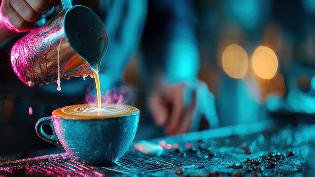 Latte art creation by skilled barista in warm, inviting coffee environment