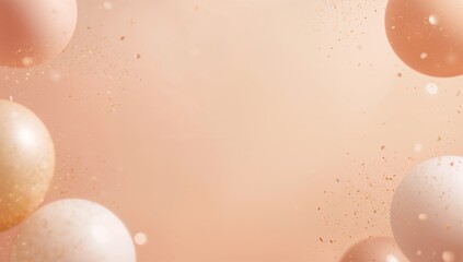 A gentle arrangement of spheres and confetti against a soft peach colored background with bokeh effect