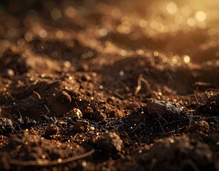 Close-up of rich, dark soil illuminated by sunlight, earthy texture