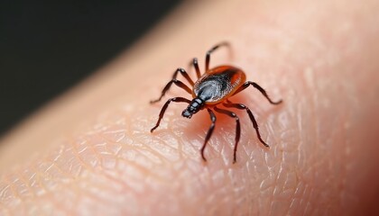 Close-up of a tick crawling on human skin. Macro photo reveals insect anatomy. Medical illustration of parasite risk and disease awareness. Lyme disease concept photo for educational purposes.