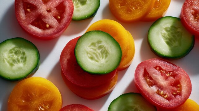 Fresh, colorful slices of tomatoes and cucumbers arranged beautifully, showcasing vibrant hues and inviting freshness.