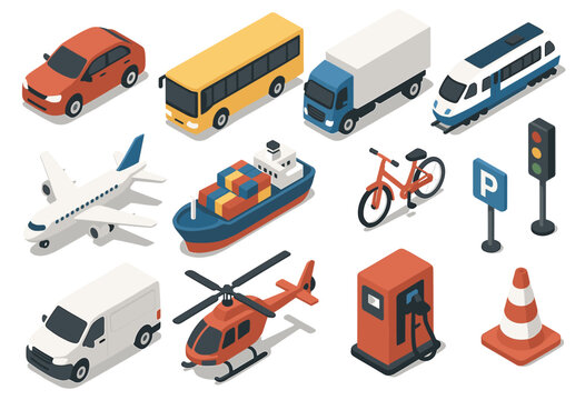Isometric transport icons: car, bus, truck, train, airplane, ship, bicycle, helicopter