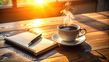 Steaming coffee with notebook and pen on wooden table bathed in warm sunlight