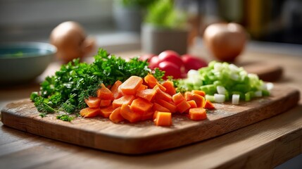 Freshly chopped vegetables including carrots, parsley, and green onions on a wooden cutting board, creating a vibrant cooking scene.