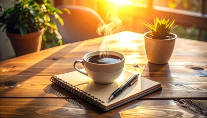 Steaming coffee, notepad, pen, sunlight on a wooden table, with small plants