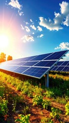 Array of solar panels in a sunny field under blue sky, eco-friendly power
