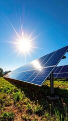 Solar panels in a field absorb bright sun, generating renewable energy