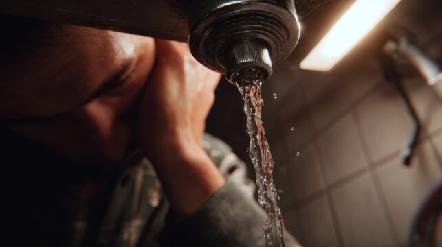 A distressed male in a dimly lit room, with water leaking from a faucet above him, capturing a moment of stress and urgency.