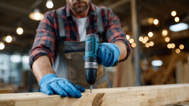 A skilled male carpenter in a plaid shirt and gloves using a cordless drill on a wooden plank in a workshop.