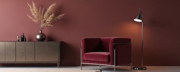 Modern living room interior with deep red armchair, metal frame. Dark brown sideboard with vase, pampas grass against painted red wall. Chrome floor lamp provides cinematic lighting. Minimalist decor