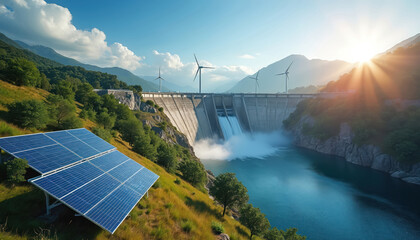 Solar panels, wind turbines stand near large hydroelectric dam releasing water. Mountains, green trees surround scenic landscape with bright sunbeams. Clean energy sources combine for power