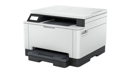 Reliable modern office printer  png  isolated on transparent background, ready for high volume printing and document management workflow solutions