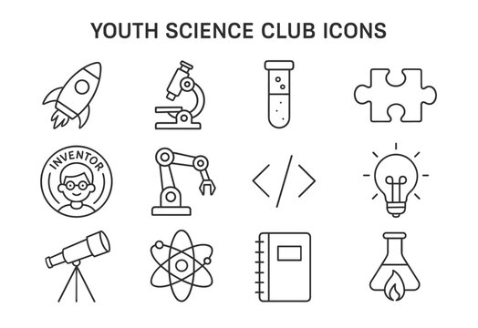 Youth science club icons: rocket, microscope, test tube, puzzle, robotics, telescope