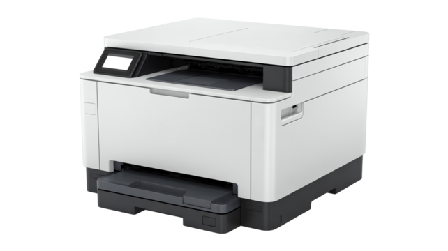 Reliable modern office printer  png  isolated on transparent background, ready for high volume printing and document management workflow solutions