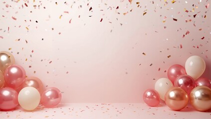 Pink background with balloons and confetti for celebration or party decoration and event design