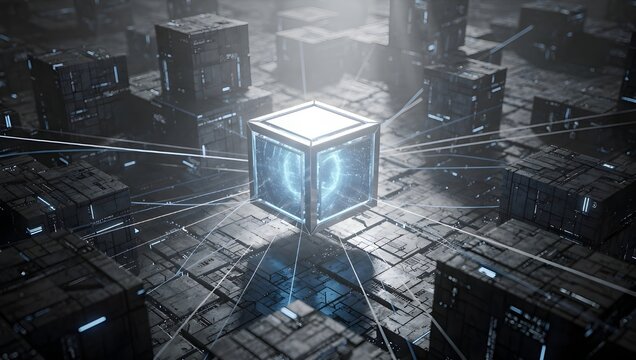 Futuristic digital data cube with glowing core, advanced network connections, high-tech blockchain server infrastructure, cyber technology system and virtual computing grid