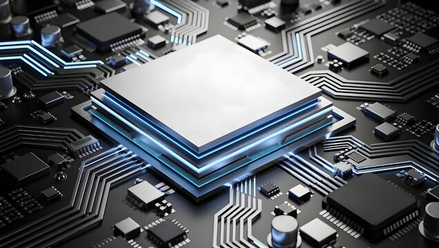 High-performance microchip technology with futuristic processor architecture, advanced circuit board design, digital innovation, semiconductor engineering and modern computing power