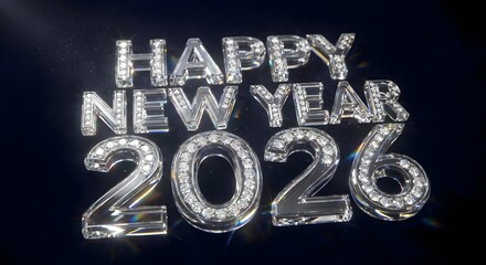 Happy new year 2026 greeting with sparkling diamond and crystal text on a dark, elegant background, perfect for celebrations