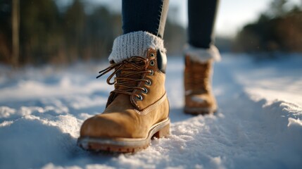 A close-up of rugged brown winter boots stepping through fresh snow, capturing the essence of a chilly outdoor adventure.