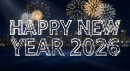 Festive happy new year 2026 message with sparkling letters, vibrant fireworks, and urban lights