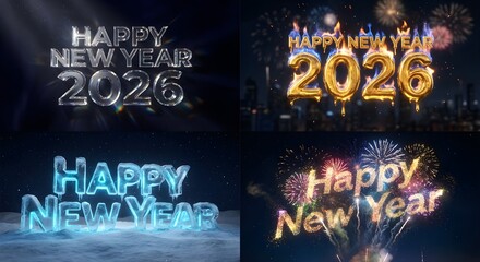 Collection of happy new year 2026 greetings featuring metallic, golden, icy, and sparkling text with fireworks
