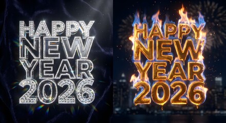 Happy new year 2026 text in two styles sparkling silver and fiery gold, celebrating the upcoming year