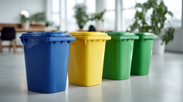 Four colorful recycling bins arranged in a modern office setting, promoting eco-friendly practices.