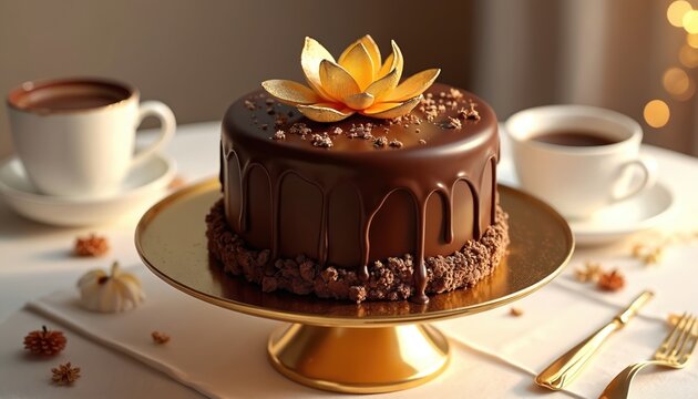 Rich chocolate cake with golden flower decoration served with coffee. Luxurious dessert on elegant stand, perfect for special celebration or sweet indulgence.