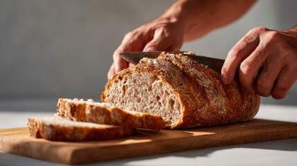 A pair of hands carefully slicing crusty artisan bread on a wooden board, showcasing the bread's texture and fresh aroma.