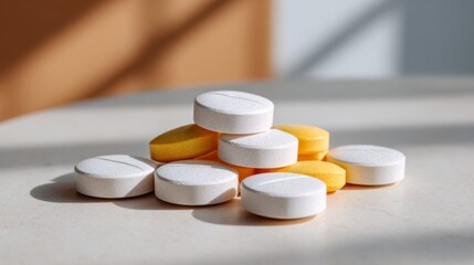 A close-up of white and yellow vitamins arranged creatively on a light surface, illuminated by natural sunlight.
