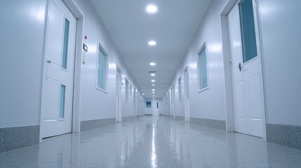 Fototapeta premium A modern, well-lit corridor featuring doors on either side, creating a clean and minimalist atmosphere.