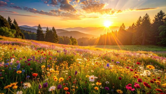 Meadow of wildflowers under golden sunset with forest, mountains - Powered by Adobe
