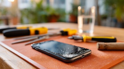 A broken smartphone with a cracked screen lies on a workbench, surrounded by tools, highlighting the theme of repair.