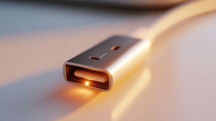 Close-up of a USB-C connector with a glowing LED indicator, showcasing modern technology and design.