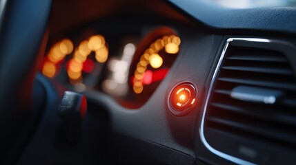 Close-up of a car dashboard with illuminated warning lights and instrument panel, conveying a modern automotive design.