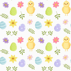 Colorful spring pattern with chicks, eggs, and flowers ideal for Easter celebrations and decorations