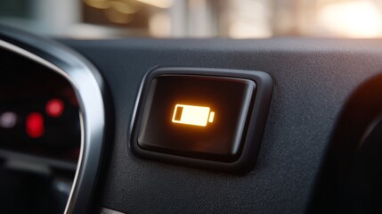 Close-up of a car dashboard battery warning light signaling a low battery state.