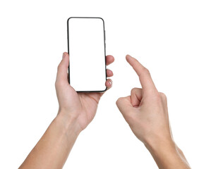 Man holding smartphone with blank screen on white background, closeup. Mockup for design