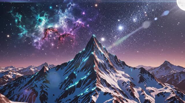 Snowy mountain range with stellar galaxy background scenic render