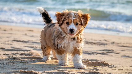 Puppy chases tail on sandy beach