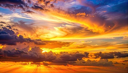 Fiery sunset with vibrant orange, yellow, and blue sky, cloud formations
