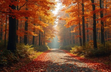 Fototapeta premium Path through vibrant autumn forest lined with trees ablaze in orange, yellow foliage. Fallen leaves carpet ground creating rich tapestry of fall colors. Sunlight streams through branches illuminating
