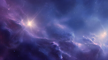 Fototapeta premium A scene of a deep cosmic environment in blue and purple hues, and illuminated nebulae, soft swirling space dust, vibrant stars with flares, ethereal gradients, majestic galaxies, sci-fi atmosphere