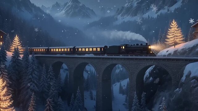Enchanting steam train journey over snowy bridge, winter wonderland adventure through festive forest and snow-covered mountains, magical destination