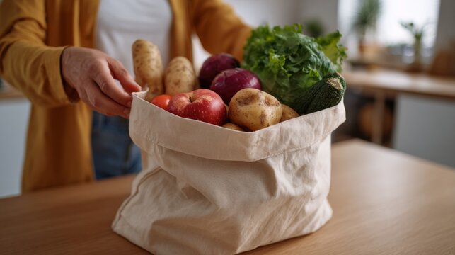 A woman unpacks fresh vegetables and fruits from a reusable fabric bag in a cozy kitchen, promoting healthy living.