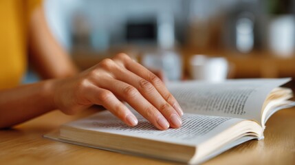 A woman of Asian descent enjoys reading a book at a cozy wooden table, creating a serene and inviting atmosphere.