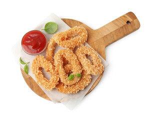 Deep fried squid rings, basil and ketchup isolated on white, top view