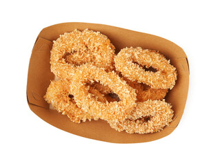 Deep fried squid rings in takeaway paper box isolated on white, top view