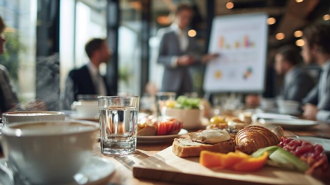 Corporate photo of European professionals at a luxury business breakfast meeting. Presenter at flip chart. Highly detailed close-up of gourmet food (coffee, pastries, fruit) on table